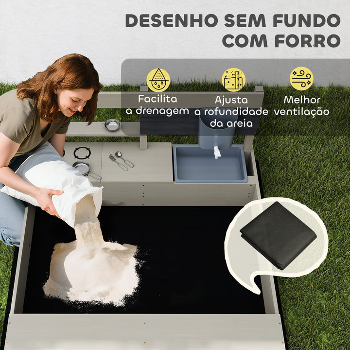 Caixa de Areia de Madeira para Crianças com Teto Ajustável Caixa de Areia Infantil com Acessórios de Cozinha e Banco para Crianças de 3-7 Anos para Pátio Jardim 114x110x110 cm Madeira
