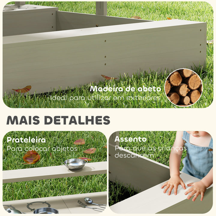Caixa de Areia de Madeira para Crianças com Teto Ajustável Caixa de Areia Infantil com Acessórios de Cozinha e Banco para Crianças de 3-7 Anos para Pátio Jardim 114x110x110 cm Madeira