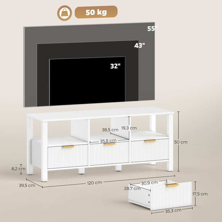 Móvel de TV Moderno Móvel de TV para Sala de Estar com 3 Gavetas e 3 Prateleiras Abertas para Televisores de 43-55 Polegadas 120x39,5x50 cm Branco