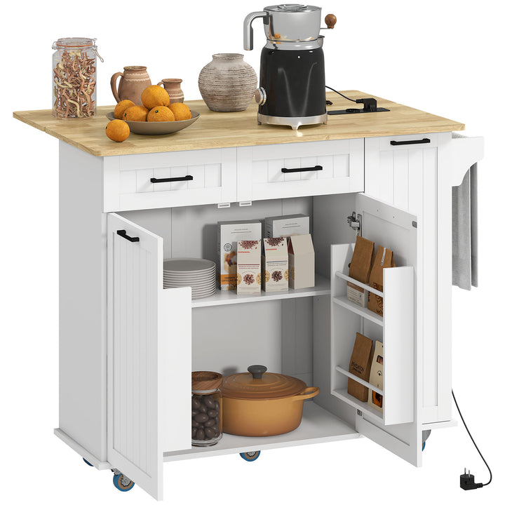 Ilha de Cozinha com Rodas Carrinho de Cozinha com Tomada USB Bancada Rebatível 2 Gavetas 2 Portas Prateleira Ajustável Porta-Temperos e Toalheiro 119,5x74x94,5 cm Branco