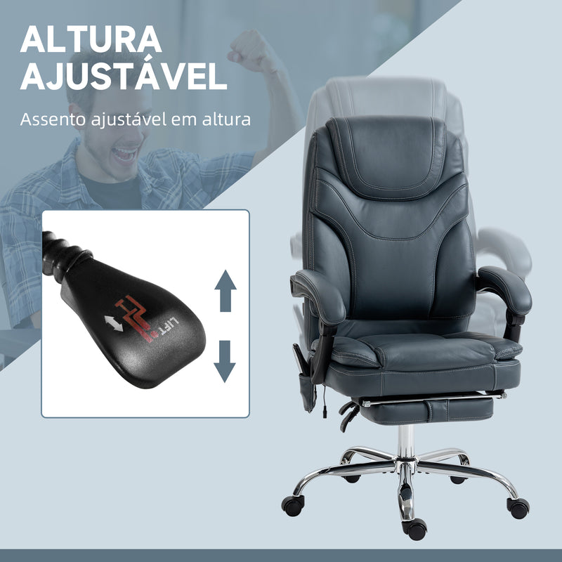 Cadeira de Escritório com 6 Pontos de Massagem por Vibração e Aquecimento Estofada em Couro PU Cadeira de Escritório Reclinável com Apoio para os Pés e Altura Ajustável 67x67x113-121 cm Cinza