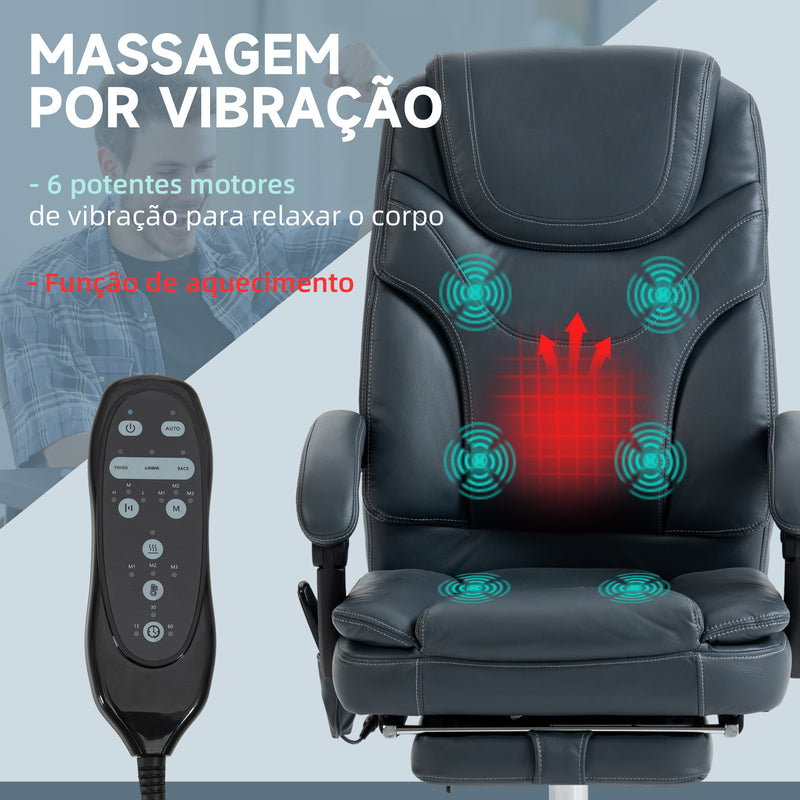 Cadeira de Escritório com 6 Pontos de Massagem por Vibração e Aquecimento Estofada em Couro PU Cadeira de Escritório Reclinável com Apoio para os Pés e Altura Ajustável 67x67x113-121 cm Cinza