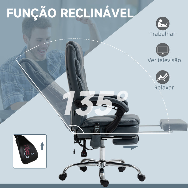 Cadeira de Escritório com 6 Pontos de Massagem por Vibração e Aquecimento Estofada em Couro PU Cadeira de Escritório Reclinável com Apoio para os Pés e Altura Ajustável 67x67x113-121 cm Cinza