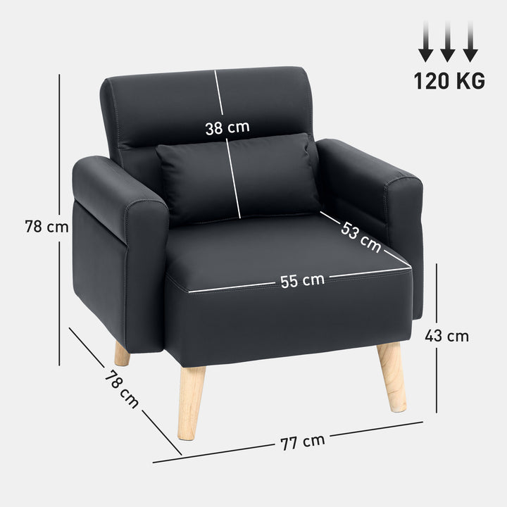 Poltrona Moderna Estofada em Couro Sintético com Apoios de Braço Acolchoados Encosto com Costuras e Pés em Madeira para Dormitório 77x78x78 cm Preto