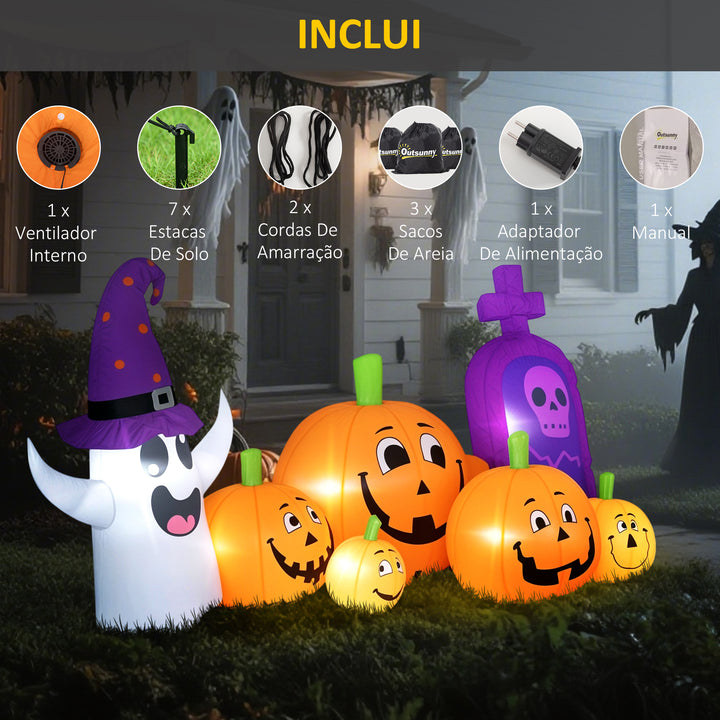 Abóbora Insuflável de Halloween com Fantasma e Lápida Decoração de Halloween com Luzes LED IP44 e Insuflador para Jardim Festas Exterior 240x130x130 cm Multicolor
