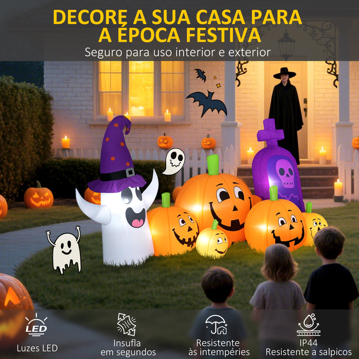 Abóbora Insuflável de Halloween com Fantasma e Lápida Decoração de Halloween com Luzes LED IP44 e Insuflador para Jardim Festas Exterior 240x130x130 cm Multicolor