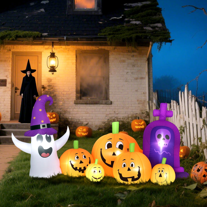 Abóbora Insuflável de Halloween com Fantasma e Lápida Decoração de Halloween com Luzes LED IP44 e Insuflador para Jardim Festas Exterior 240x130x130 cm Multicolor