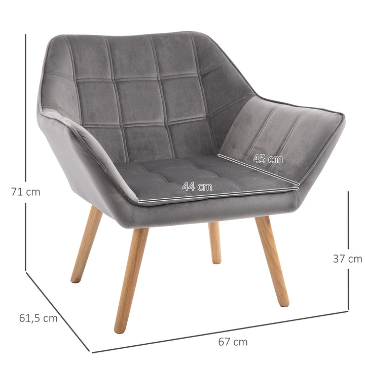 Poltrona Moderna Poltrona de Leitura Estofada em Veludo com Assento Amplo Pés em Madeira Poltrona Relax para Sala de Estar Quarto 67x61,5x71 cm Cinza