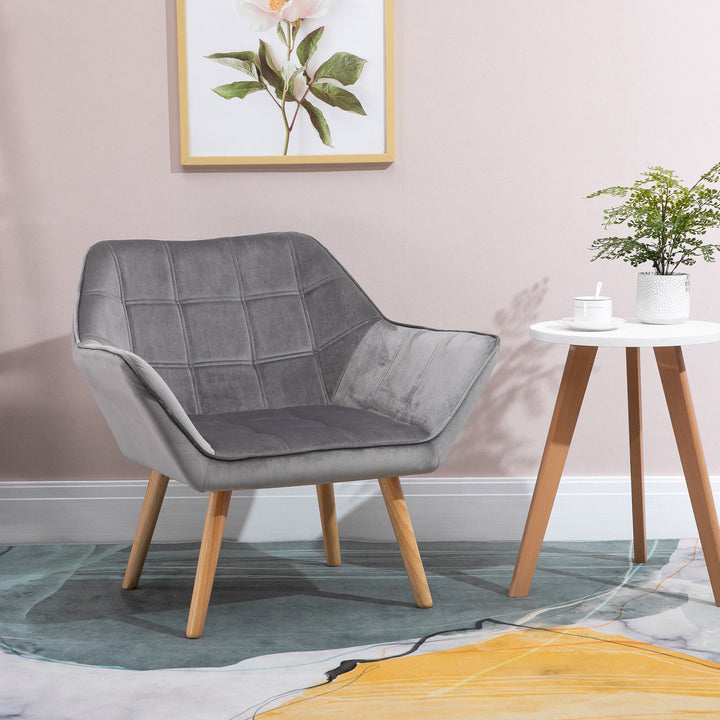 Poltrona Moderna Poltrona de Leitura Estofada em Veludo com Assento Amplo Pés em Madeira Poltrona Relax para Sala de Estar Quarto 67x61,5x71 cm Cinza
