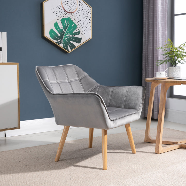 Poltrona Moderna Poltrona de Leitura Estofada em Veludo com Assento Amplo Pés em Madeira Poltrona Relax para Sala de Estar Quarto 67x61,5x71 cm Cinza