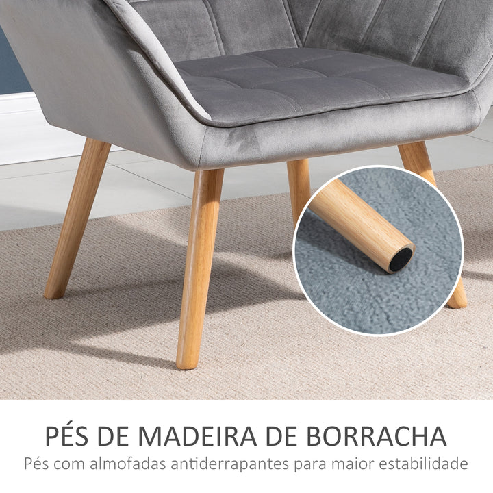 Poltrona Moderna Poltrona de Leitura Estofada em Veludo com Assento Amplo Pés em Madeira Poltrona Relax para Sala de Estar Quarto 67x61,5x71 cm Cinza