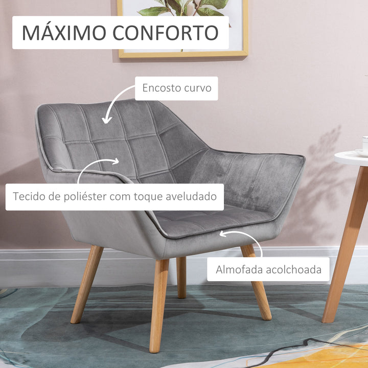 Poltrona Moderna Poltrona de Leitura Estofada em Veludo com Assento Amplo Pés em Madeira Poltrona Relax para Sala de Estar Quarto 67x61,5x71 cm Cinza