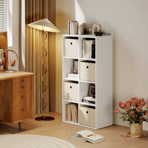 Estante Cubo Moderna Estante de Armazenamento Horizontal ou Vertical com 8 Compartimentos Abertos e 4 Gavetas de Tecido para Sala de Estar Quarto Escritório 105,9x30x53,7 cm Branco e Bege