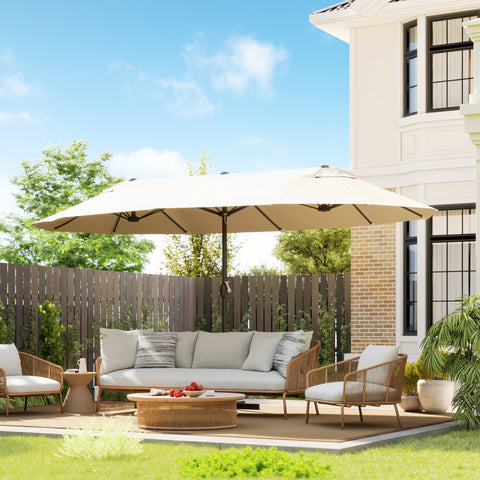 Chapéu de Sol Duplo 4,55x2,65x2,38 m Chapéu de Sol de Jardim com Manivela Manual Resistente à Água e com Proteção Solar UV para Terraço Pátio Creme