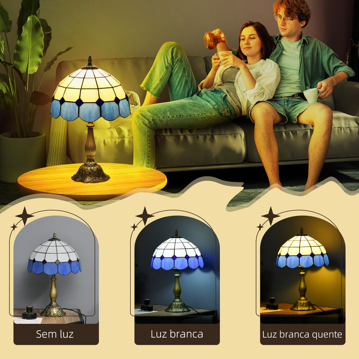 Candeeiro de Mesa com Desenho de Vitrais Coloridos Candeeiro de Mesa Feito a Mão Candeeiro de Mesa de Vidro para Dormitório Sala de Estar Escritório Ø31x48 cm Azul