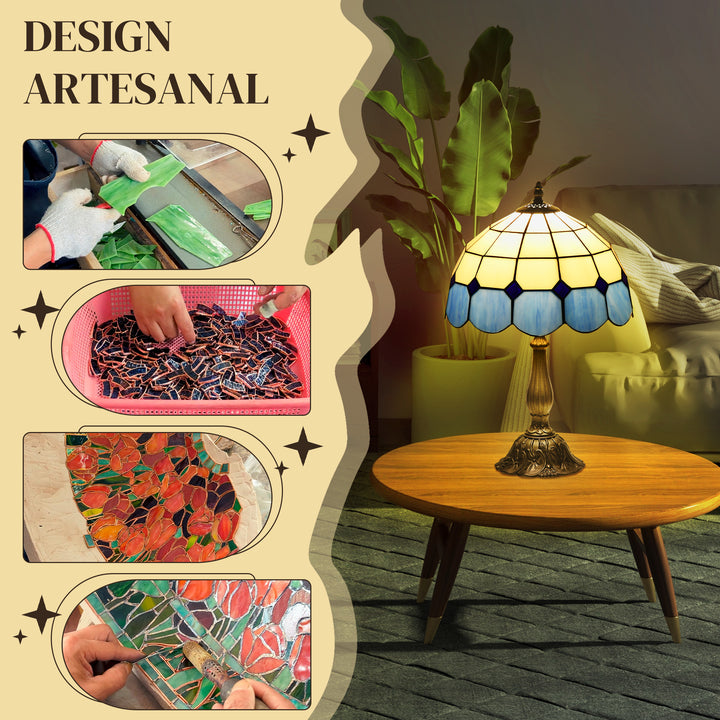 Candeeiro de Mesa com Desenho de Vitrais Coloridos Candeeiro de Mesa Feito a Mão Candeeiro de Mesa de Vidro para Dormitório Sala de Estar Escritório Ø31x48 cm Azul