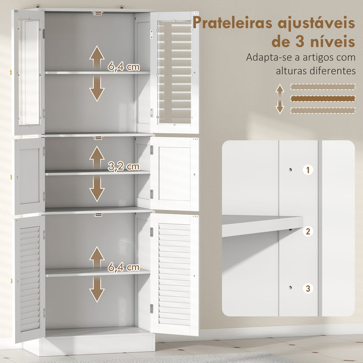 Armário de Casa de Banho Alto Coluna de Casa de Banho Estreita com Portas de Vidro Portas de Ripas e Prateleiras Ajustáveis 60x30x170 cm Branco
