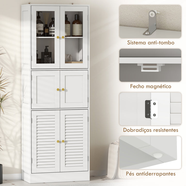 Armário de Casa de Banho Alto Coluna de Casa de Banho Estreita com Portas de Vidro Portas de Ripas e Prateleiras Ajustáveis 60x30x170 cm Branco