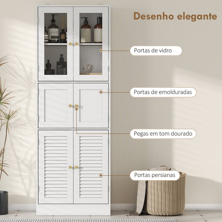 Armário de Casa de Banho Alto Coluna de Casa de Banho Estreita com Portas de Vidro Portas de Ripas e Prateleiras Ajustáveis 60x30x170 cm Branco