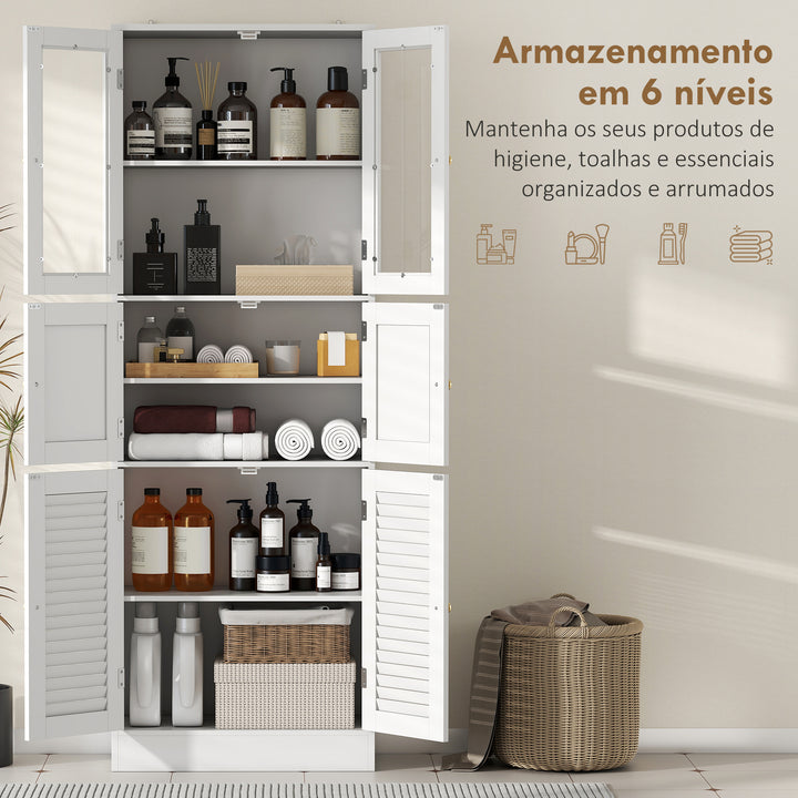Armário de Casa de Banho Alto Coluna de Casa de Banho Estreita com Portas de Vidro Portas de Ripas e Prateleiras Ajustáveis 60x30x170 cm Branco