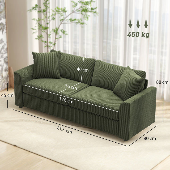 Sofá de 3 Lugares Sofá Sala de Estar 212x80x88 cm Estofado em Veludo Canelado com 2 Almofadas Apoios de Braço e Almofada de Molas Desenho Moderno para Sala de Estar Quarto Verde