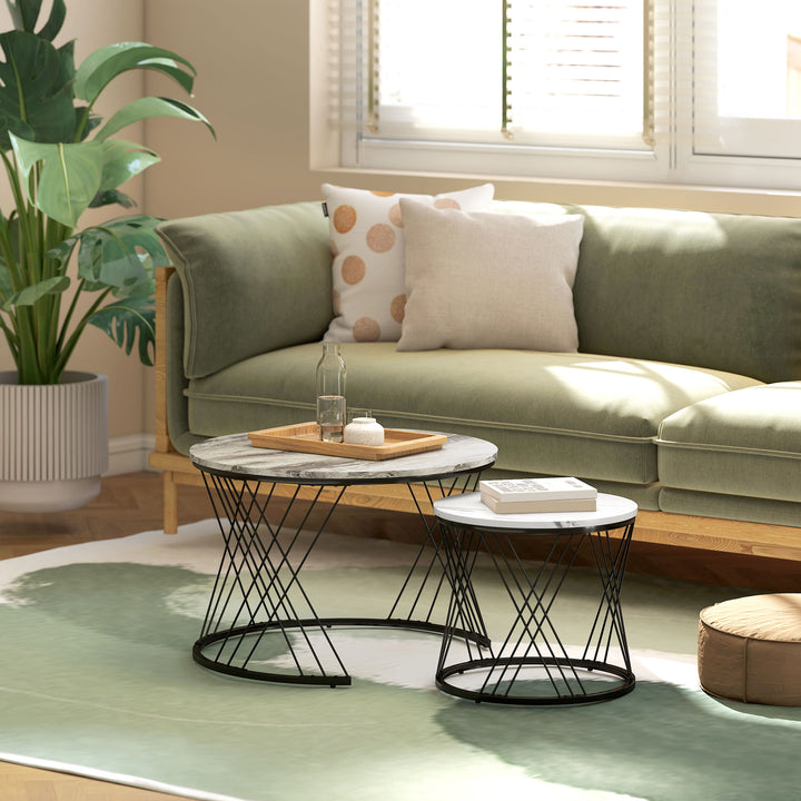 Conjunto de 2 Mesas Auxiliares Mesas de Centro para Sala de Estar Redondas com Bancada com Imitação de Mármore Estrutura de Metal para Sala de Estar Cinzento e Branco