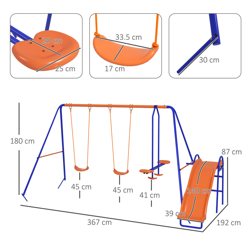 Baloiço Infantil 4 em 1 Baloiço para Crianças com 2 Baloiços Individuais 1 Baloiço Planador 1 Escorrega Corda Ajustável e Anti UV para Exterior 367x192x180 cm Multicor