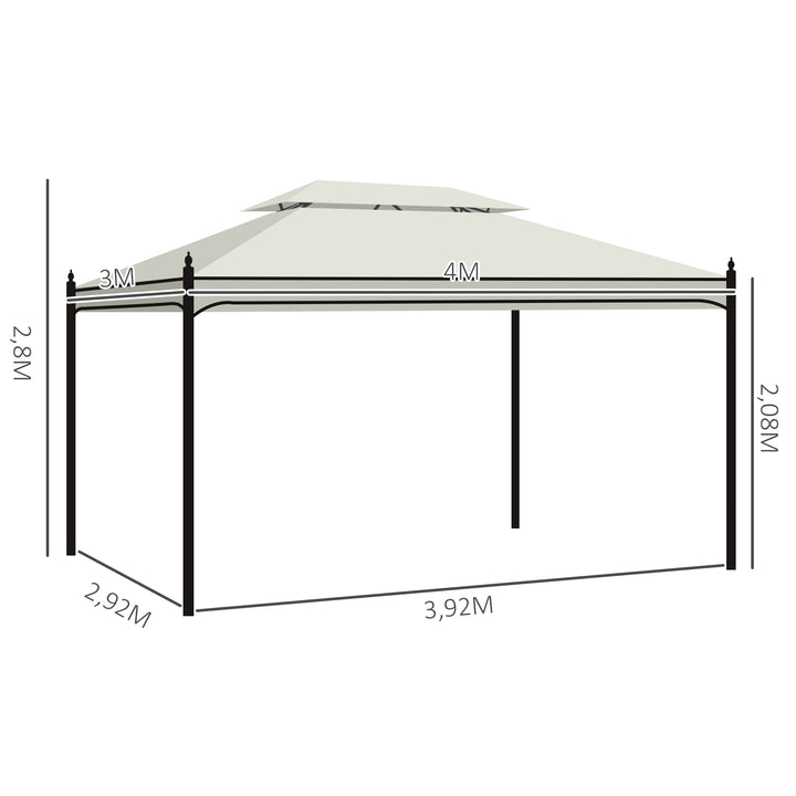 Pérgola de Jardim 4x3 m Pérgola de Jardim com Telhado Duplo 4 Cortinas Estrutura de Aço 8 Orifícios de Drenagem Anti-UV Tenda para Exterior Terraço Pátio Creme