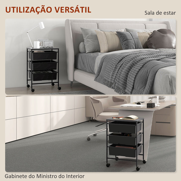 Carrinho Auxiliar com Rodas Carrinho de Cozinha de 3 Níveis com 3 Cestos para Armazenamento e Estrutura de Aço para Sala de Jantar Banheiro 40,8x33,5x60,5 cm Preto