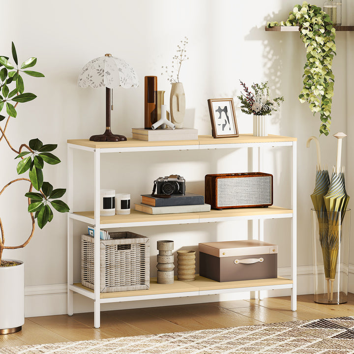 Mesa Consola Estreita Consola de Entrada Mesa de Entrada Moderna com 3 Prateleiras Abertas e Pés de Metal para Corredor Entrada Sala Dormitório 101x35x80 cm Madeira e Branco