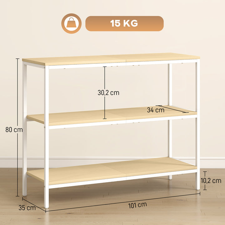 Mesa Consola Estreita Consola de Entrada Mesa de Entrada Moderna com 3 Prateleiras Abertas e Pés de Metal para Corredor Entrada Sala Dormitório 101x35x80 cm Madeira e Branco