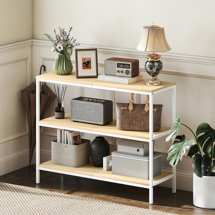 Mesa Consola Estreita Consola de Entrada Mesa de Entrada Moderna com 3 Prateleiras Abertas e Pés de Metal para Corredor Entrada Sala Dormitório 101x35x80 cm Madeira e Branco