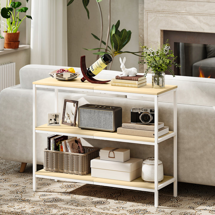 Mesa Consola Estreita Consola de Entrada Mesa de Entrada Moderna com 3 Prateleiras Abertas e Pés de Metal para Corredor Entrada Sala Dormitório 101x35x80 cm Madeira e Branco