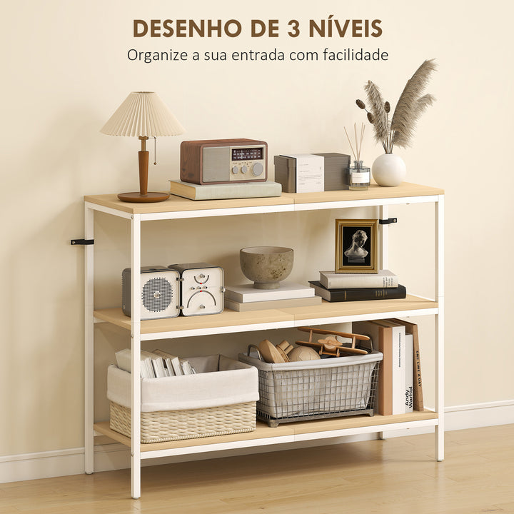 Mesa Consola Estreita Consola de Entrada Mesa de Entrada Moderna com 3 Prateleiras Abertas e Pés de Metal para Corredor Entrada Sala Dormitório 101x35x80 cm Madeira e Branco