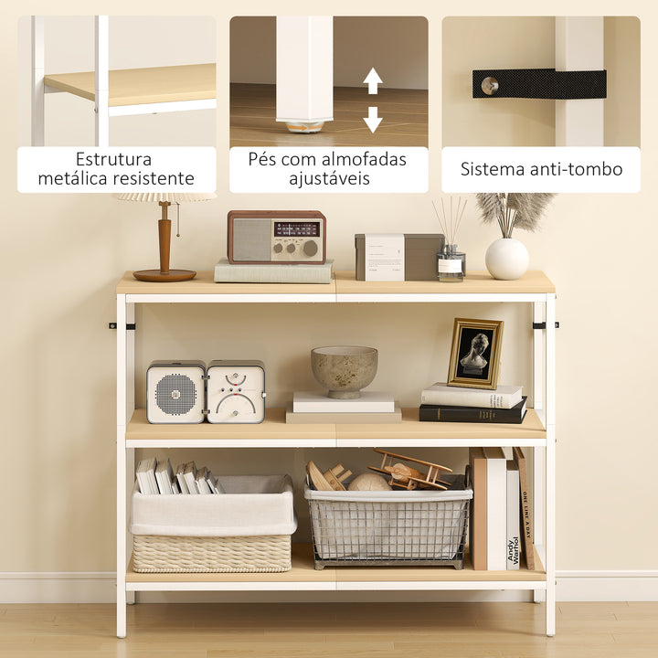 Mesa Consola Estreita Consola de Entrada Mesa de Entrada Moderna com 3 Prateleiras Abertas e Pés de Metal para Corredor Entrada Sala Dormitório 101x35x80 cm Madeira e Branco