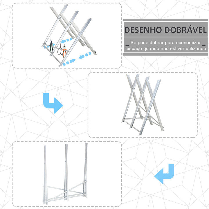 Cavalete para Serrar Dobrável com Altura Ajustável Cavalete com Estrutura Triangular de Metal Suporte para Lenha Carga100 kg 83x83x79 cm Prata