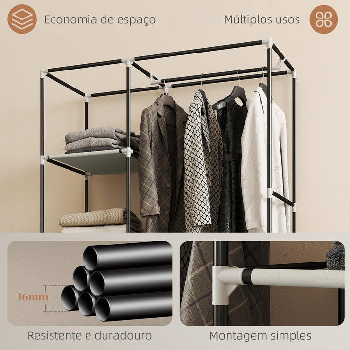 Roupeiro de Tecido Dobrável Armário de Roupa Portátil com 6 Prateleiras 1 Barra de Pendurar e Rodas para Dormitório Vestidor 103x43x162,5 cm Creme
