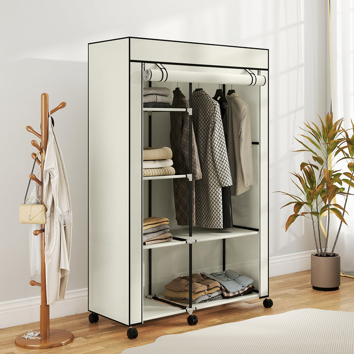 Roupeiro de Tecido Dobrável Armário de Roupa Portátil com 6 Prateleiras 1 Barra de Pendurar e Rodas para Dormitório Vestidor 103x43x162,5 cm Creme