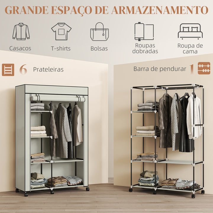 Roupeiro de Tecido Dobrável Armário de Roupa Portátil com 6 Prateleiras 1 Barra de Pendurar e Rodas para Dormitório Vestidor 103x43x162,5 cm Creme