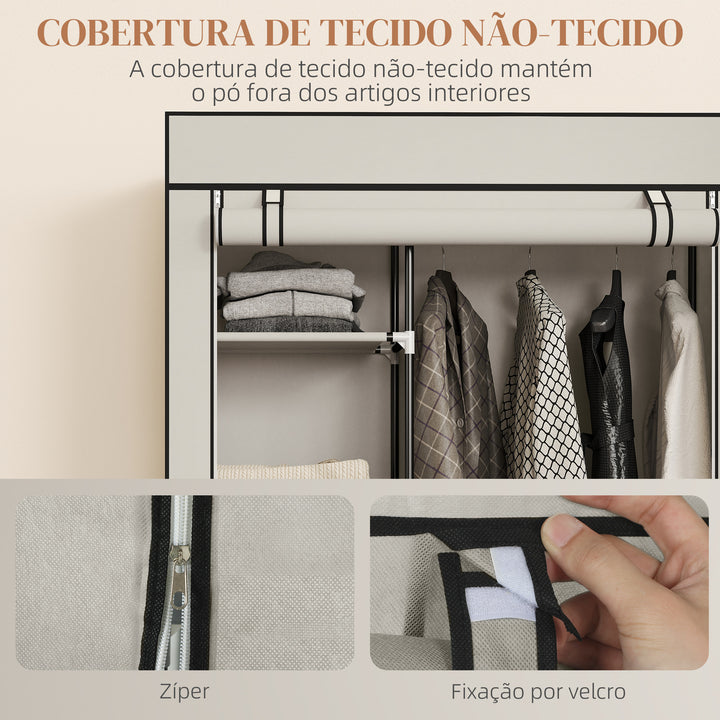 Roupeiro de Tecido Dobrável Armário de Roupa Portátil com 6 Prateleiras 1 Barra de Pendurar e Rodas para Dormitório Vestidor 103x43x162,5 cm Creme