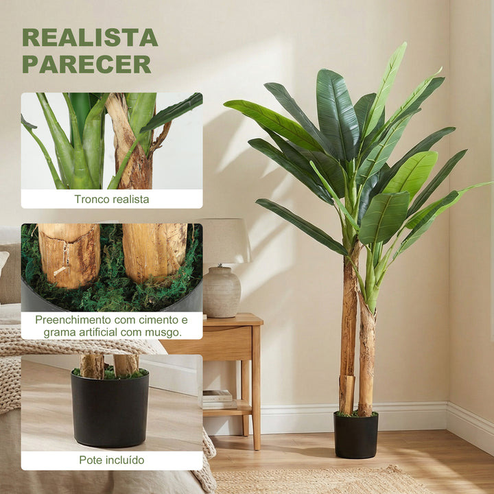 Árvore de Bananeira Artificial 150 cm com Vaso e 2 Troncos para Decoração de Interiores - Sala, Casa ou Escritório - Cor Verde