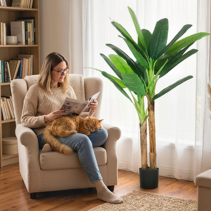 Árvore de Bananeira Artificial 150 cm com Vaso e 2 Troncos para Decoração de Interiores - Sala, Casa ou Escritório - Cor Verde