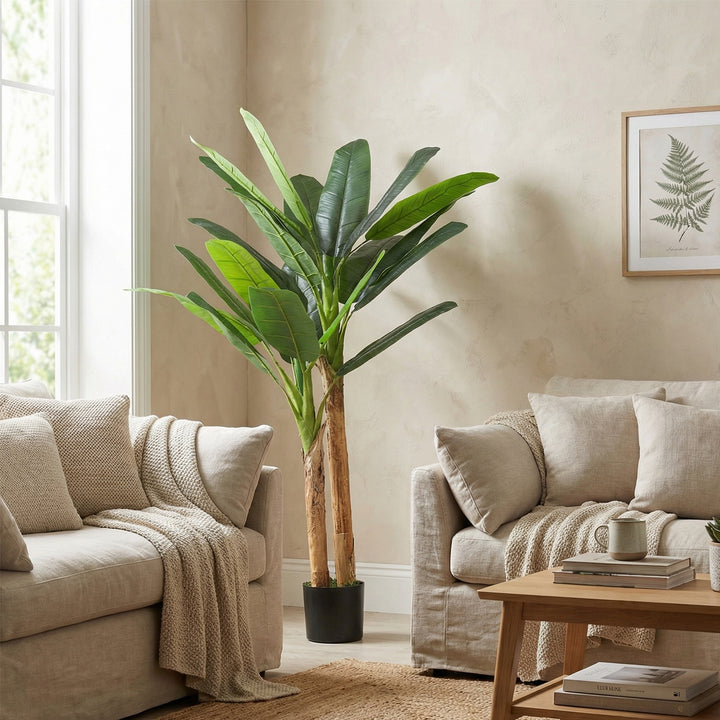 Árvore de Bananeira Artificial 150 cm com Vaso e 2 Troncos para Decoração de Interiores - Sala, Casa ou Escritório - Cor Verde
