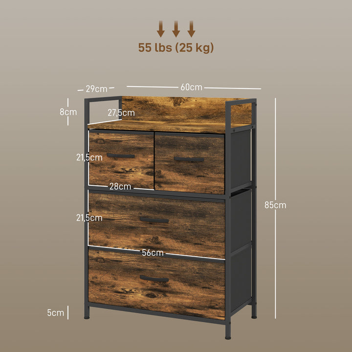 Cómoda de Quarto Armário de Armazenamento com 4 Gavetas Dobráveis Prateleira Aberta e Estrutura de Aço para Sala Entrada 60x29x85 cm Castanho Rústico