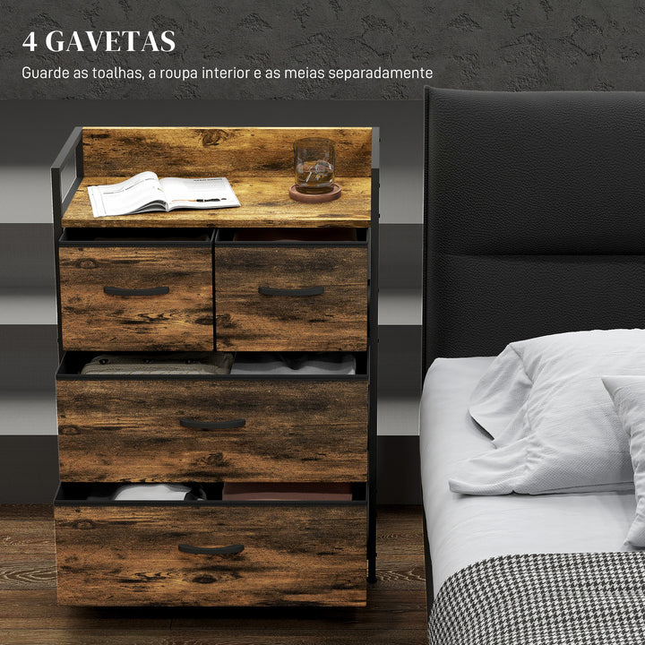 Cómoda de Quarto Armário de Armazenamento com 4 Gavetas Dobráveis Prateleira Aberta e Estrutura de Aço para Sala Entrada 60x29x85 cm Castanho Rústico
