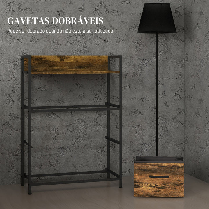 Cómoda de Quarto Armário de Armazenamento com 4 Gavetas Dobráveis Prateleira Aberta e Estrutura de Aço para Sala Entrada 60x29x85 cm Castanho Rústico
