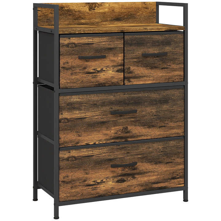 Cómoda de Quarto Armário de Armazenamento com 4 Gavetas Dobráveis Prateleira Aberta e Estrutura de Aço para Sala Entrada 60x29x85 cm Castanho Rústico