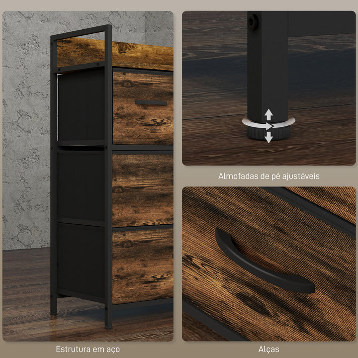 Cómoda de Quarto Armário de Armazenamento com 4 Gavetas Dobráveis Prateleira Aberta e Estrutura de Aço para Sala Entrada 60x29x85 cm Castanho Rústico