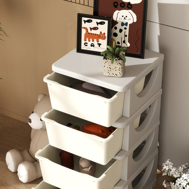 Organizador de Brinquedos com 4 Gavetas Torre de Arrumação para Crianças +3 Anos Cantos Arredondados e Pegas para Creche Sala de Brincar Quarto 37x37x76 cm Creme