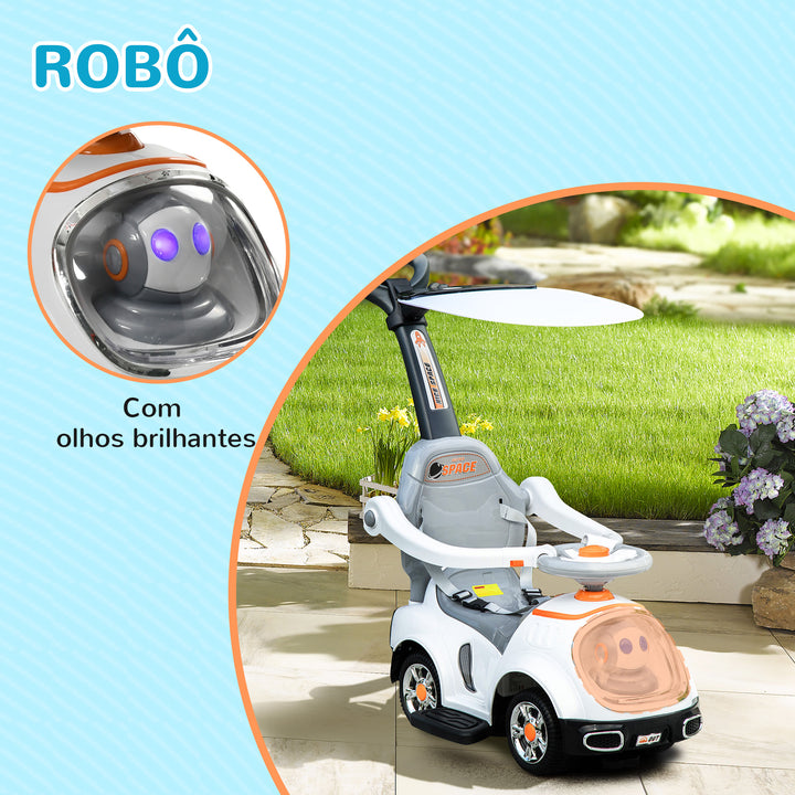 Carro Andador 3 em 1 para Crianças 12-36 Meses Carro Andador com Espaço de Armazenamento Design de Robot com Olhos Luminosos Música Buzina Pega de Empurrar e Toldo Amovíveis 89x44,5x84 cm Branco